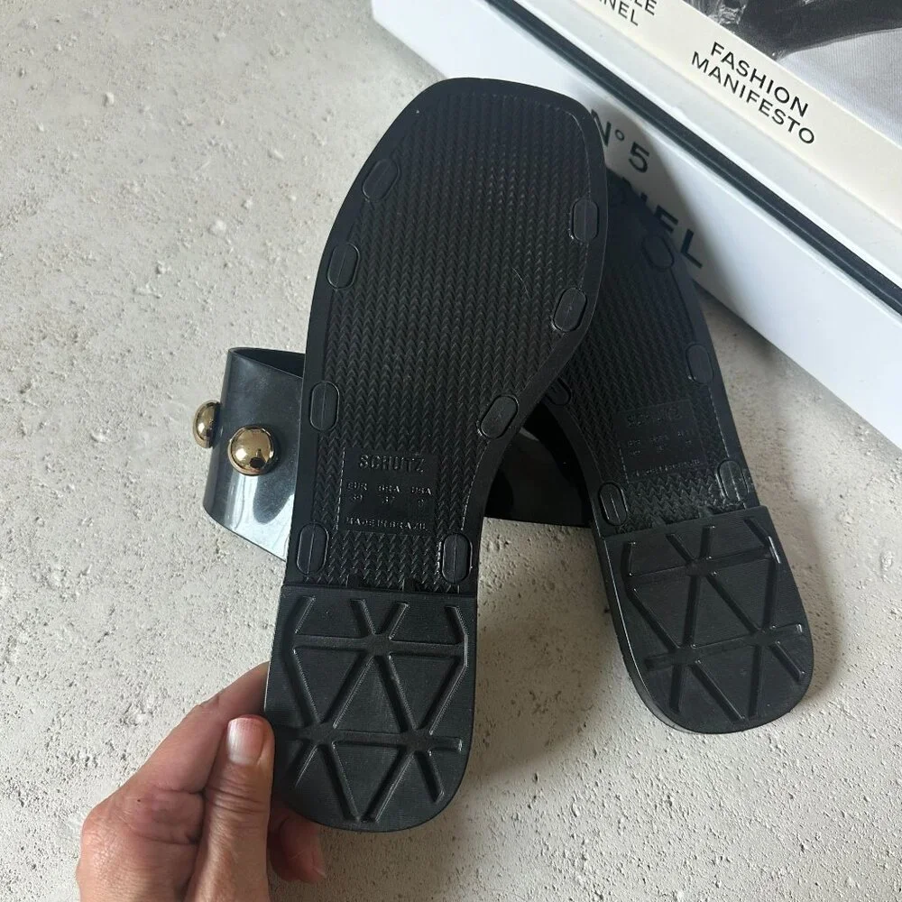 Schutz Lizzie Slide‎ Sandals Black Gold Studs Jelly Size 9 - Picture 8 of 9